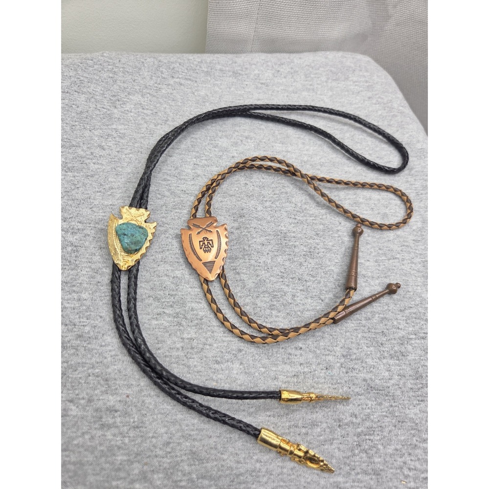 Lot of 2 Vintage Turquoise Copper Arrowhead Thunderbird Leather Bolo Ties